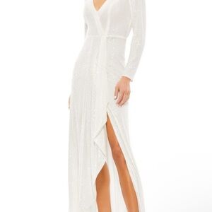 IEENA FOR MAC DUGGAL White Sequined Long Sleeve Gown